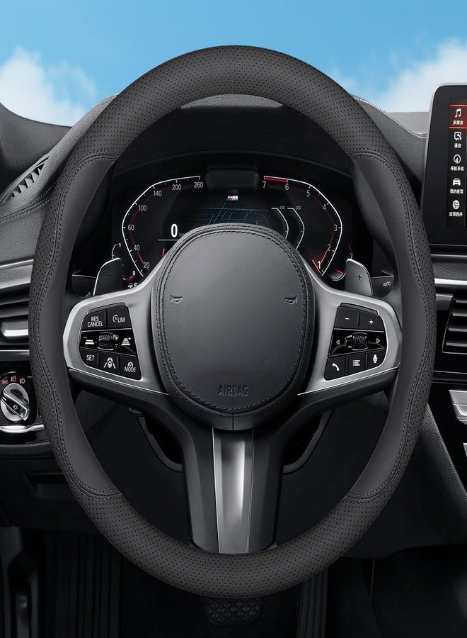 szyuchen غطاء عجلة القيادة من SZYUCHEN لسيارات GMC Sierra 1500 و2500 HD و3500 HD وTerrain وYukon وAcadia وDenali وCanyon Crew Cab وElevation Double وAT4 وSLE وSLT وLimited وXL، مصنوع من الجلد الأسود، مقاس 14.5-15 بوصة، موديل 2025. - Image 1